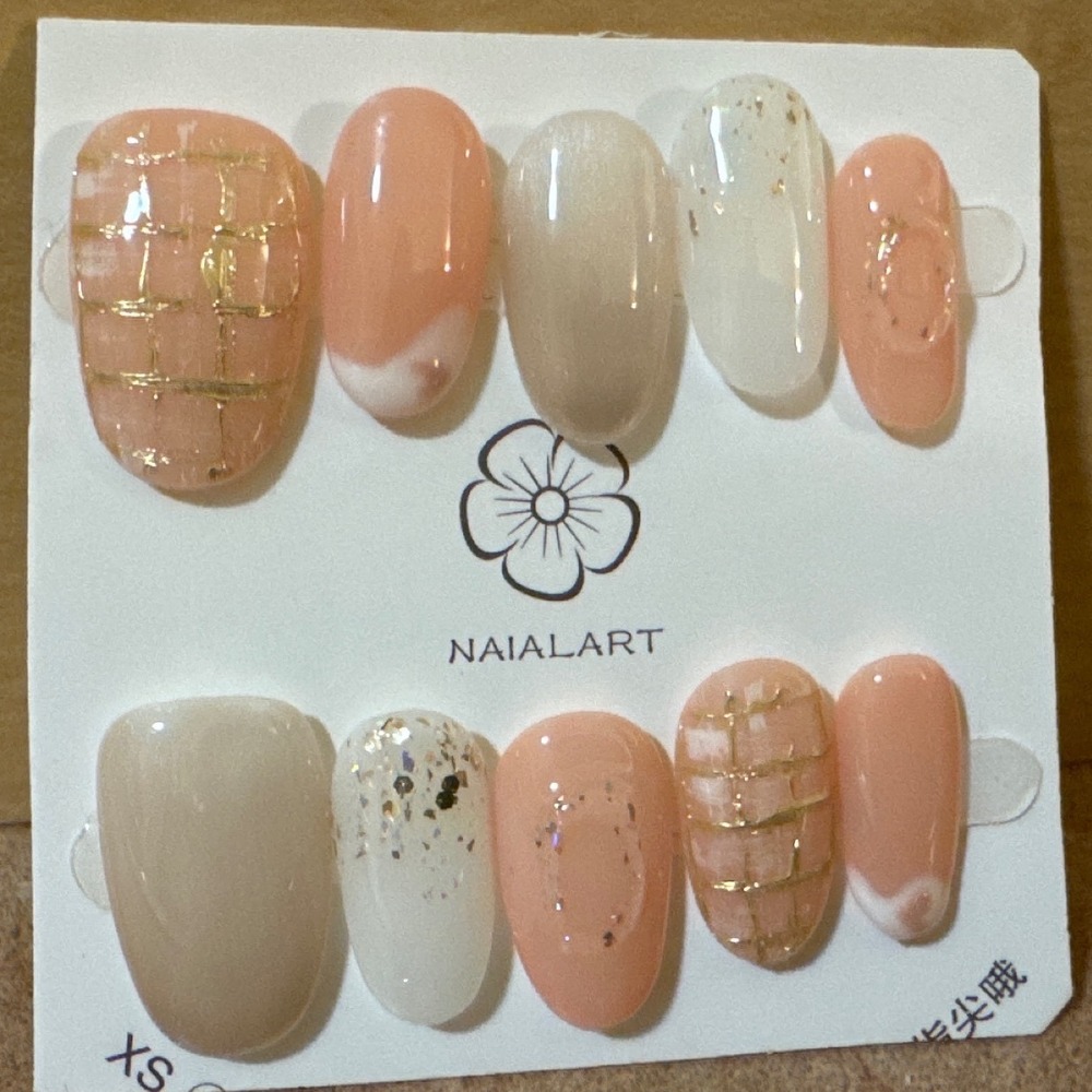 Press On‎ Nails M Peach Pink Gold Foil Grid Glitter Glossy Almond Oval